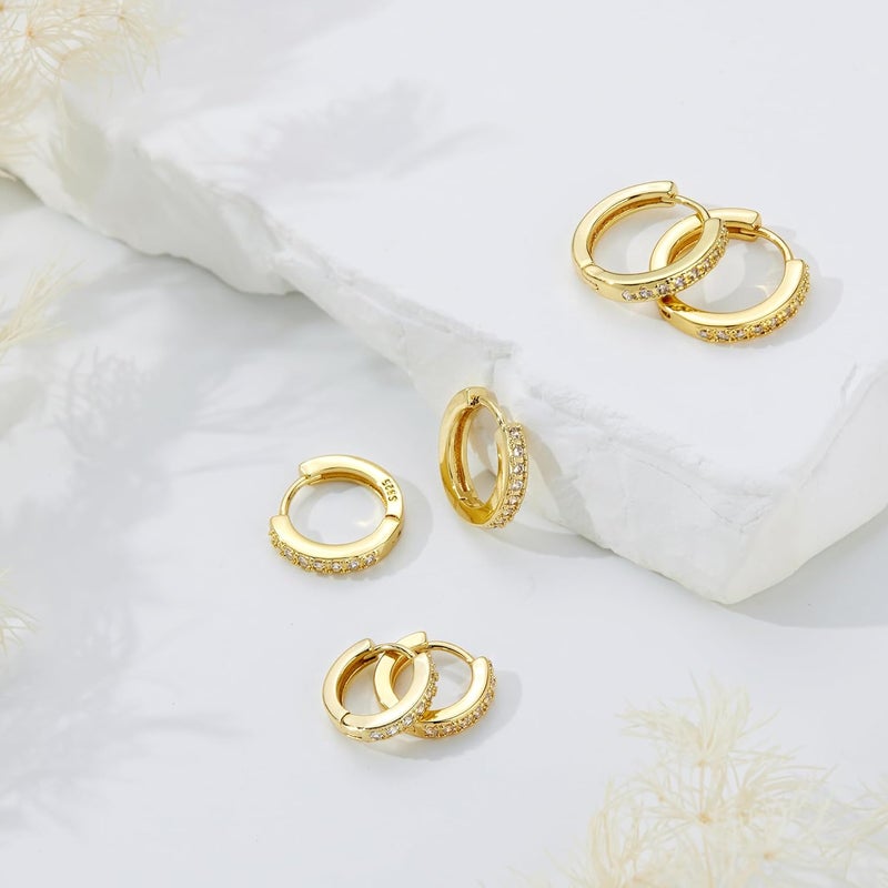 Poxtex Small Sterling Silver Huggie Hoop Earrings Set for Women, Hypoallergenic 14K Gold Plated Hoops Stacks for Multiple Piercings, Dainty Cute Mini Lightweight Cartilage Studs Trendy Jewelry Gift - Image 5